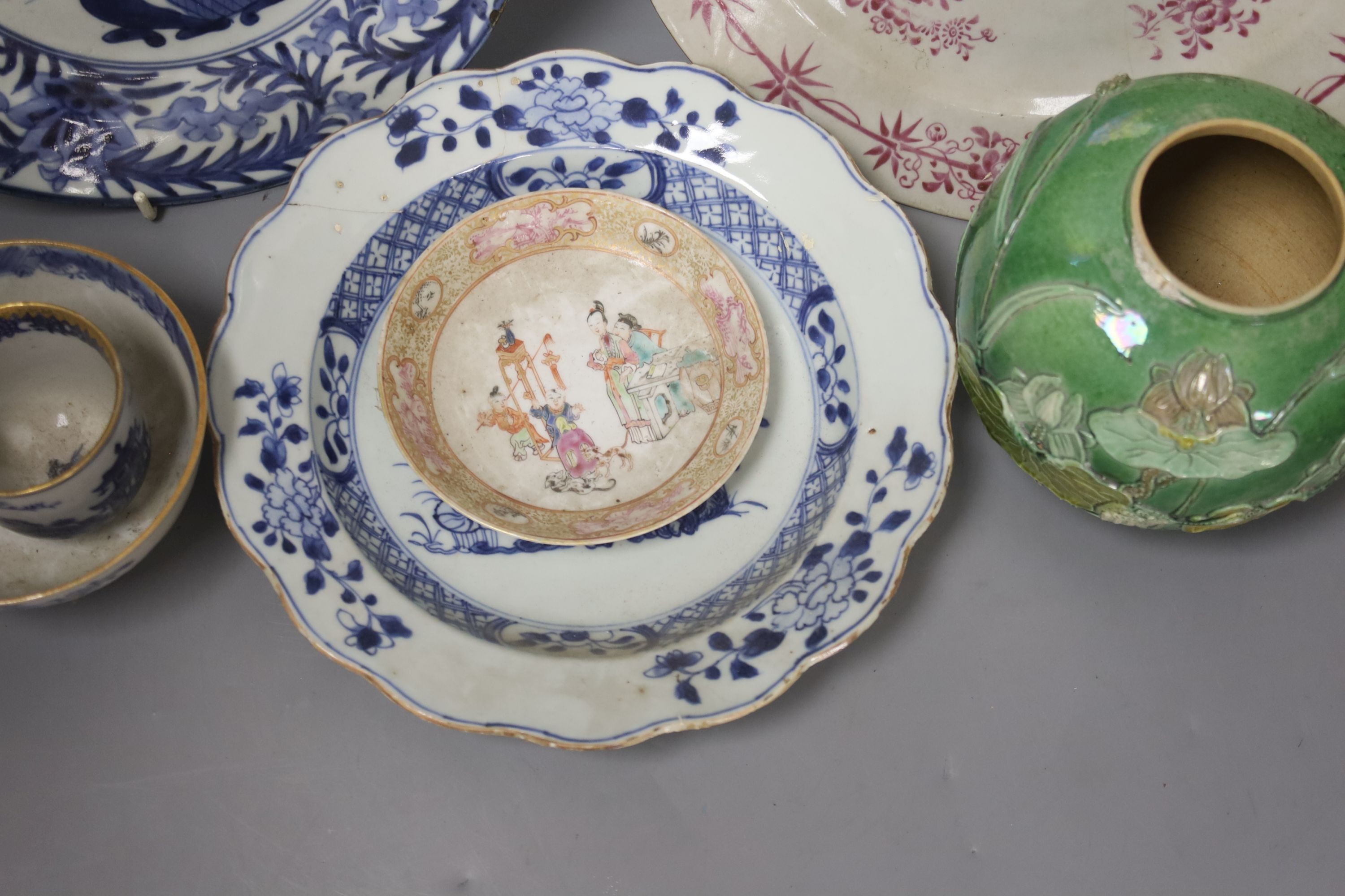 A group of Chinese porcelain, 18th/19th century and an 18th century Japanese Arita blue and white plate, 21.5cm